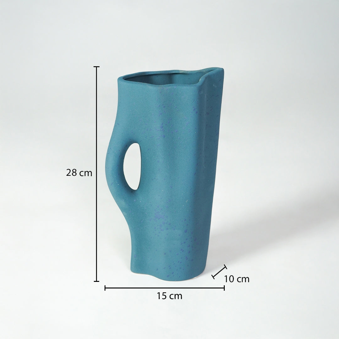 Dimension image of blue ceramic abstract vase measuring 26 cm for modern shelf decor with textured matte finish.