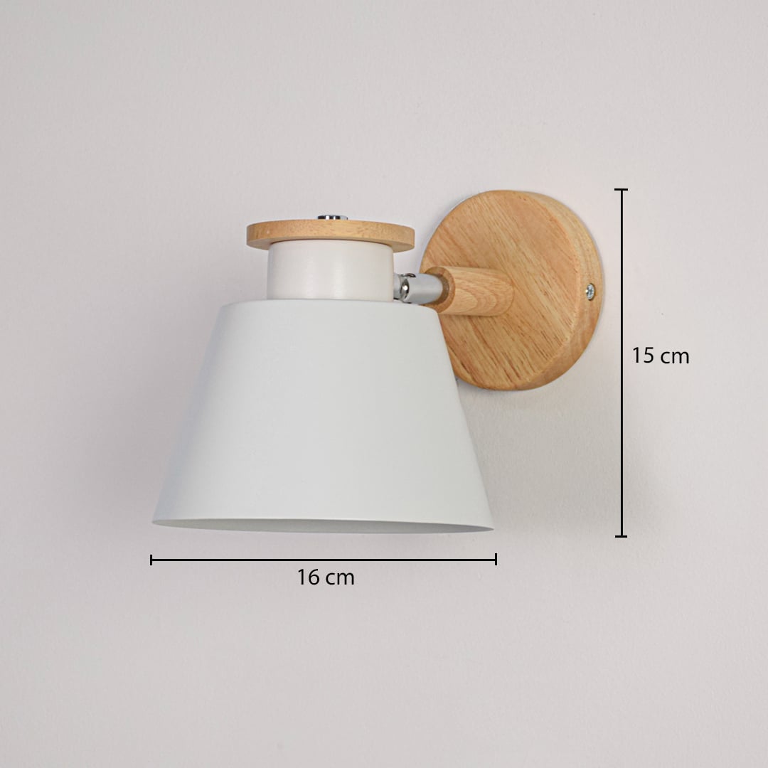 Wooden wall sconce with white lampshade dimension view 24 cm width 15 cm height 16 cm depth for bedroom hallway and study room table lamping.