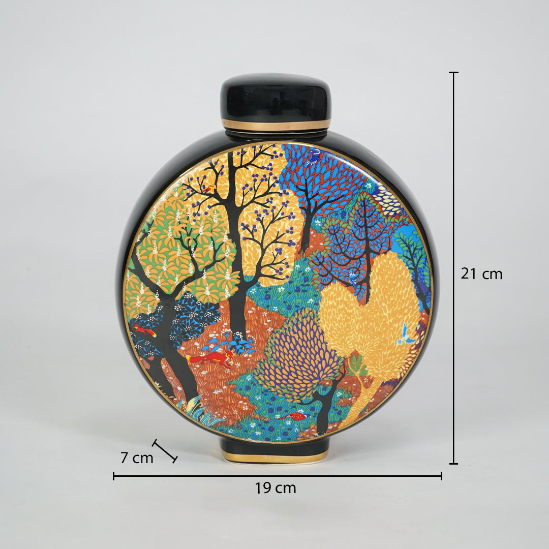 Round ceramic decorative jar with colorful tree artwork showing product dimensions for elegant home decor displays.