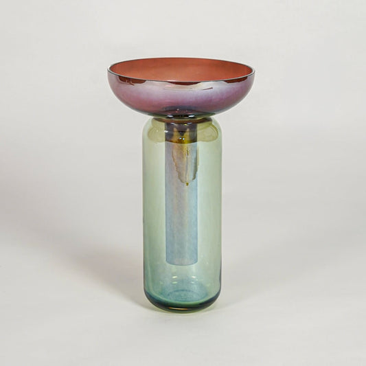 Multicolor art glass pedestal vase on white background modern decorative glass accent piece for table shelf styling interior.