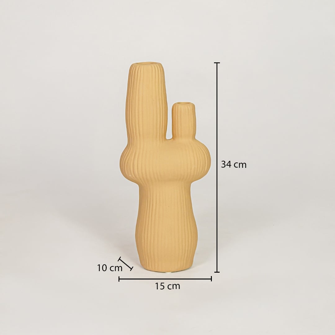 Mustard ceramic vase measuring 34 cm height and 15 cm width for modern tabletop decor placement styling.