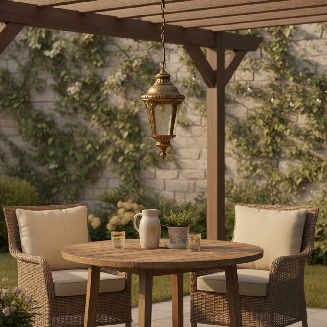 Classic brass hanging lantern light enhancing cozy outdoor dining patio with warm vintage ambiance.