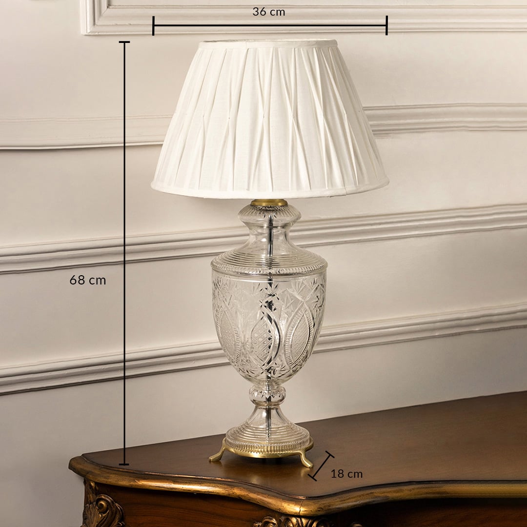 Clear etched glass table lamp with pleated fabric shade measuring 60 cm height and 35 cm width for classic interiors.