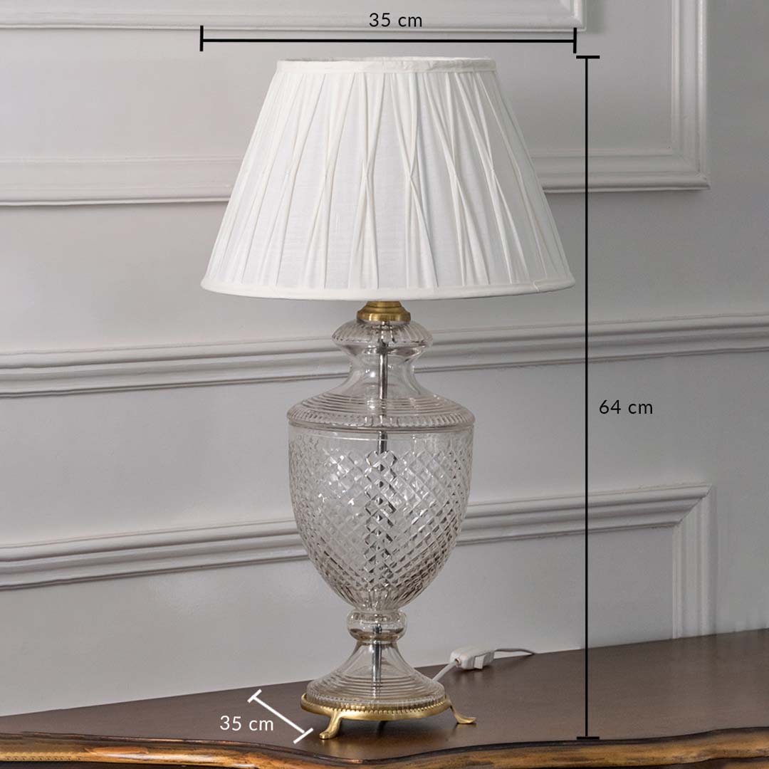 Clear etched glass table lamp with pleated fabric shade measuring 68 cm height and 35 cm width for elegant interiors.