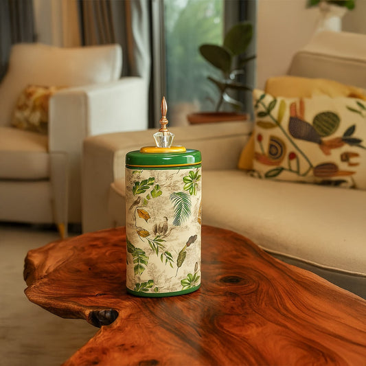 Tropical decorative jar placed on a wooden table enhancing modern living room decor with an earthy and vibrant touch.