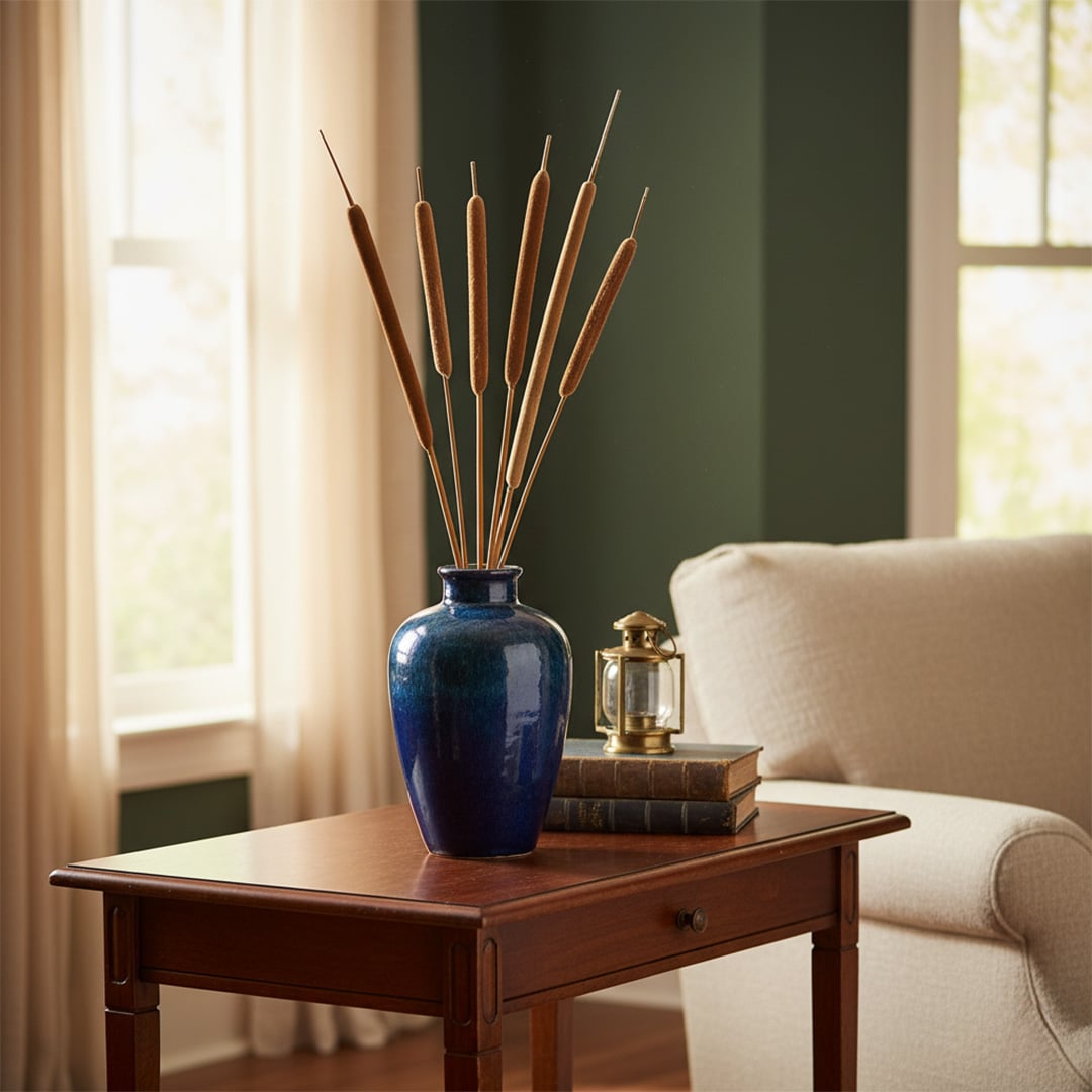 Blue ceramic vase with dried reed stems placed on a wooden side table beside a sofa creating a calm cozy living room decor scene.