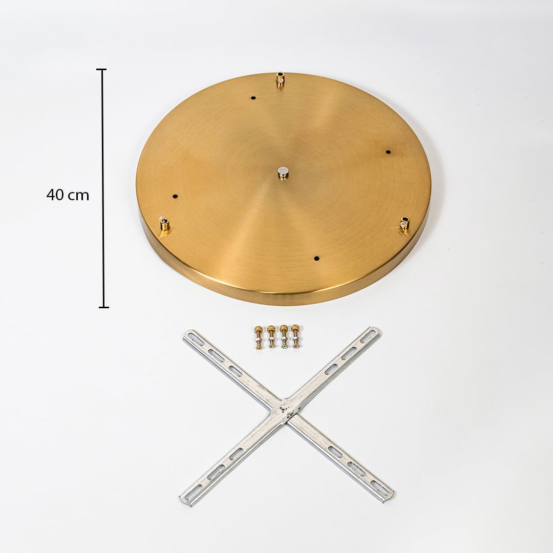 Gold metal ceiling mounting plate dimension image with 40 cm width for pendant light installation.
