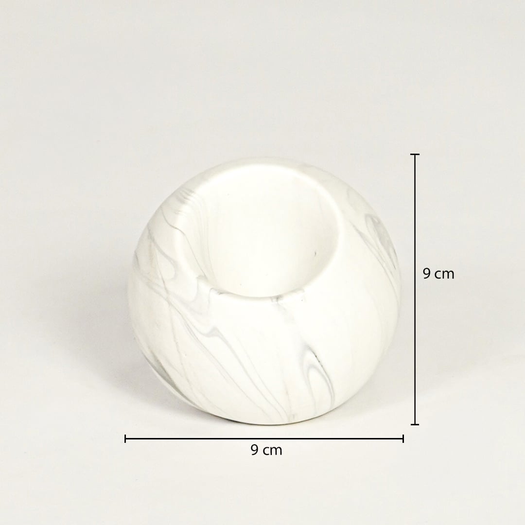 White marble ceramic round vase showing 9 cm height and 9 cm width clearly for accurate tabletop decor sizing.