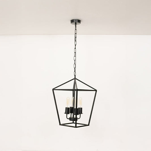 Black metal pendant light with clear glass bulbs displayed with lights off on a clean white background showcasing its sleek geometric frame.
