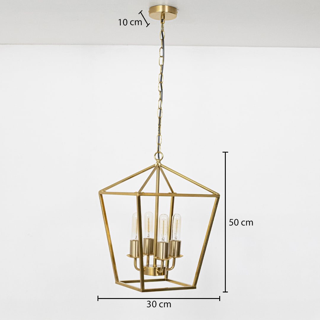 Gold metal pendant light shown with accurate measurements of 30 cm width 50 cm height and 10 cm ceiling plate height for perfect installation planning.