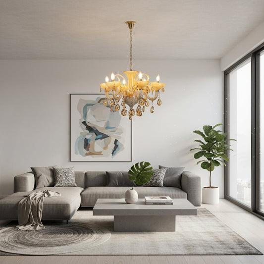 Golden glass crystal chandelier adds warm elegant lighting to living room or dining room ceilings creating a luxury ambience.