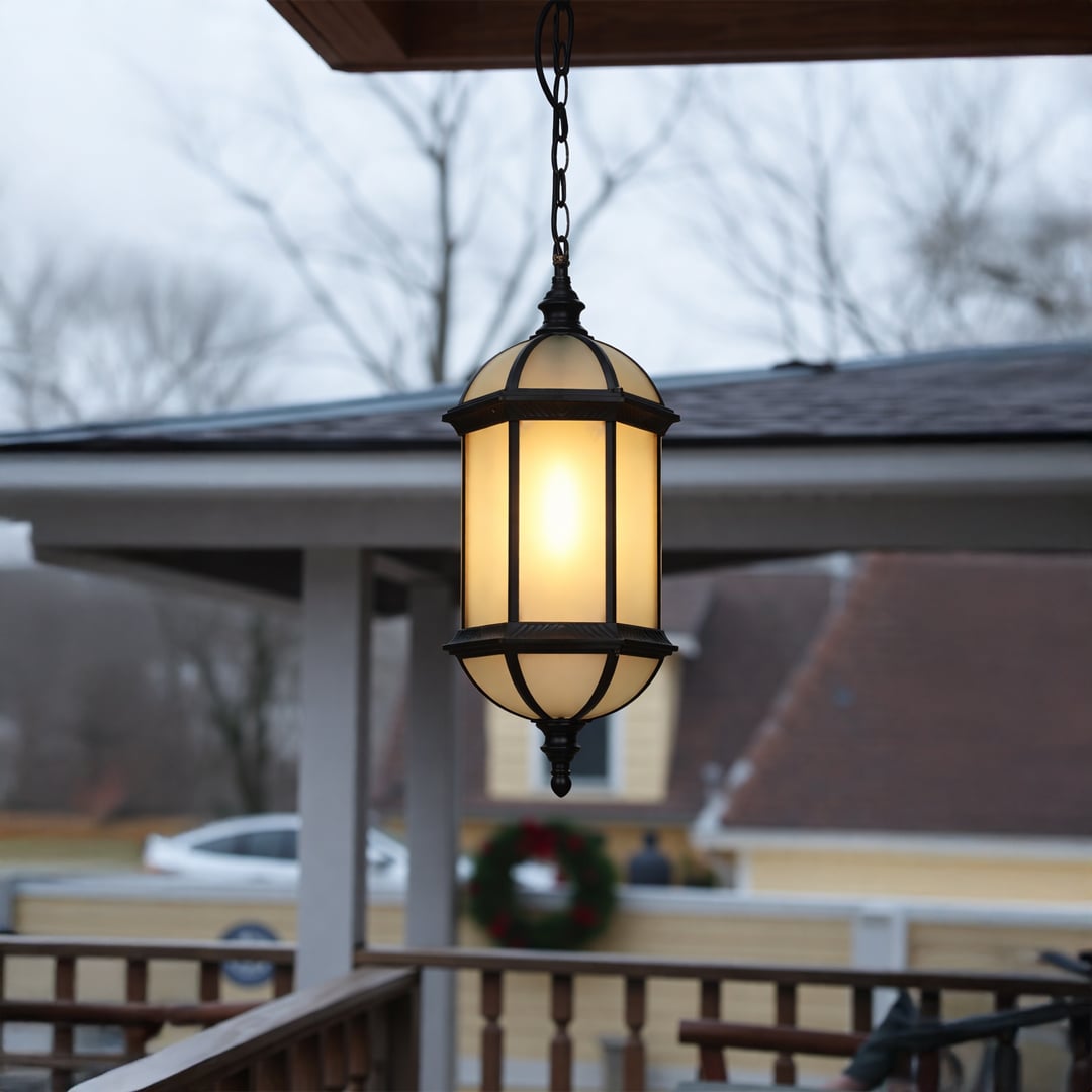 Classic black metal hanging lantern light with frosted glass for cozy balcony and patio decor.