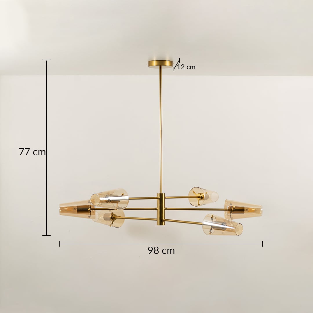 Clear glass shade chandelier with gold metal frame measuring 77 cm height and 98 cm width for modern interiors.
