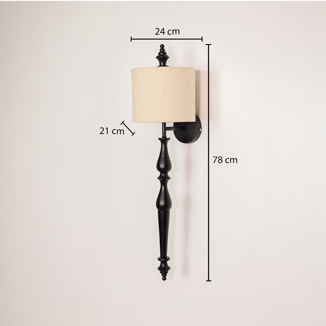 Lamp styled wall light dimensions image showing 78 cm height with 24 cm shade width and 21 cm depth highlighting the slim black metal wall light design.