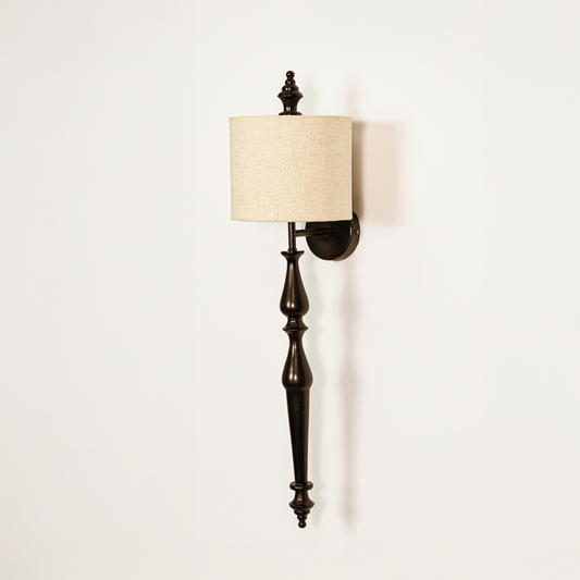 Lamp styled wall light off on white background featuring slim black metal arm with classic fabric shade for minimalist product display.