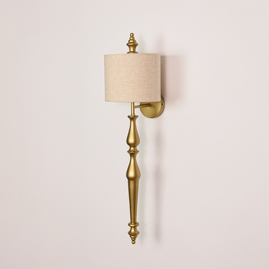 Lamp styled wall light off on white background featuring slim gold metal arm with classic fabric shade for minimalist product display.