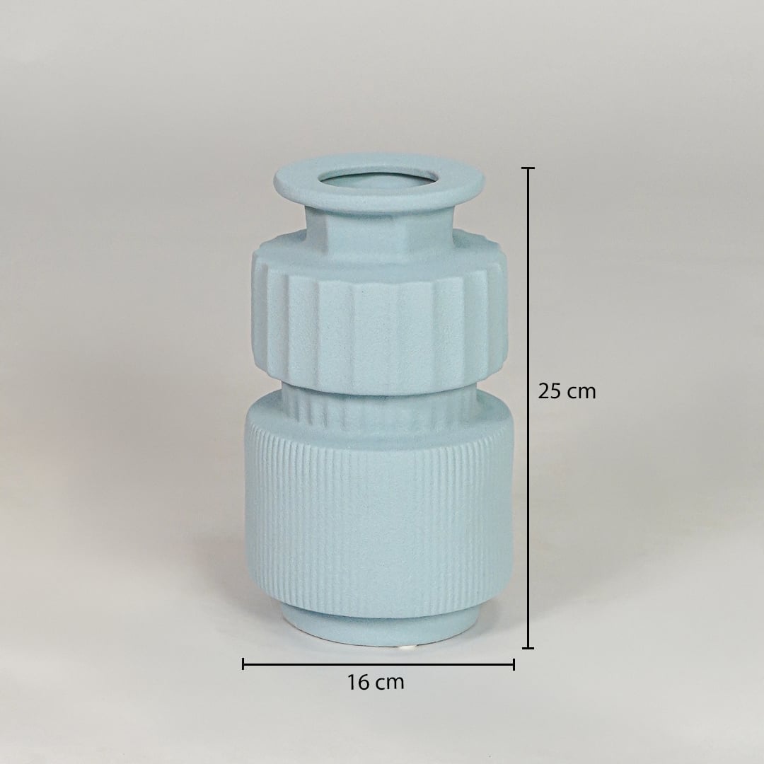 Light blue ceramic decorative vase size 25 cm height 16 cm length modern ribbed flower vase dimension image for product reference.