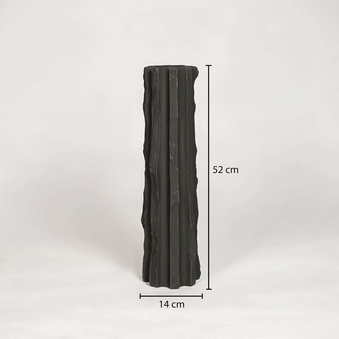 Black ceramic decorative floor vase showing 14 cm width and 52 cm height ideal for living room floor decor display.