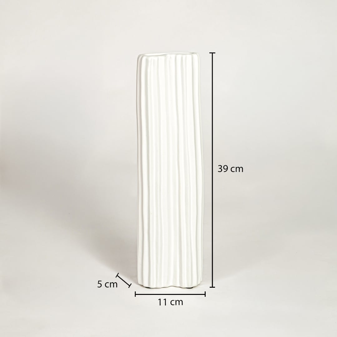 Dimension image of tall matte white ribbed ceramic cylinder vase with vertical fluting showing 39 cm height and 11 cm width.