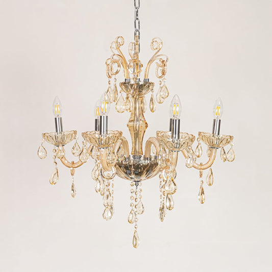 Golden crystal chandelier displayed on white background ideal for classic warm interior ceiling styling.