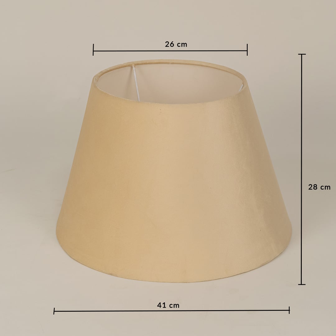 Beige velvet lampshade with size details showing 28 cm height 26 cm top width and 41 cm bottom width against a plain background.