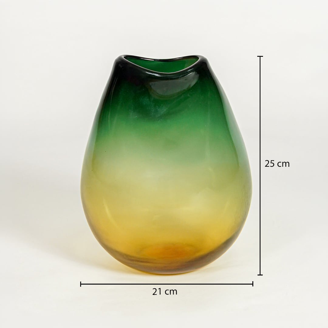 Green amber gradient glass vase dimension image showing 25 cm height and 21 cm width decorative glass accent for table styling.