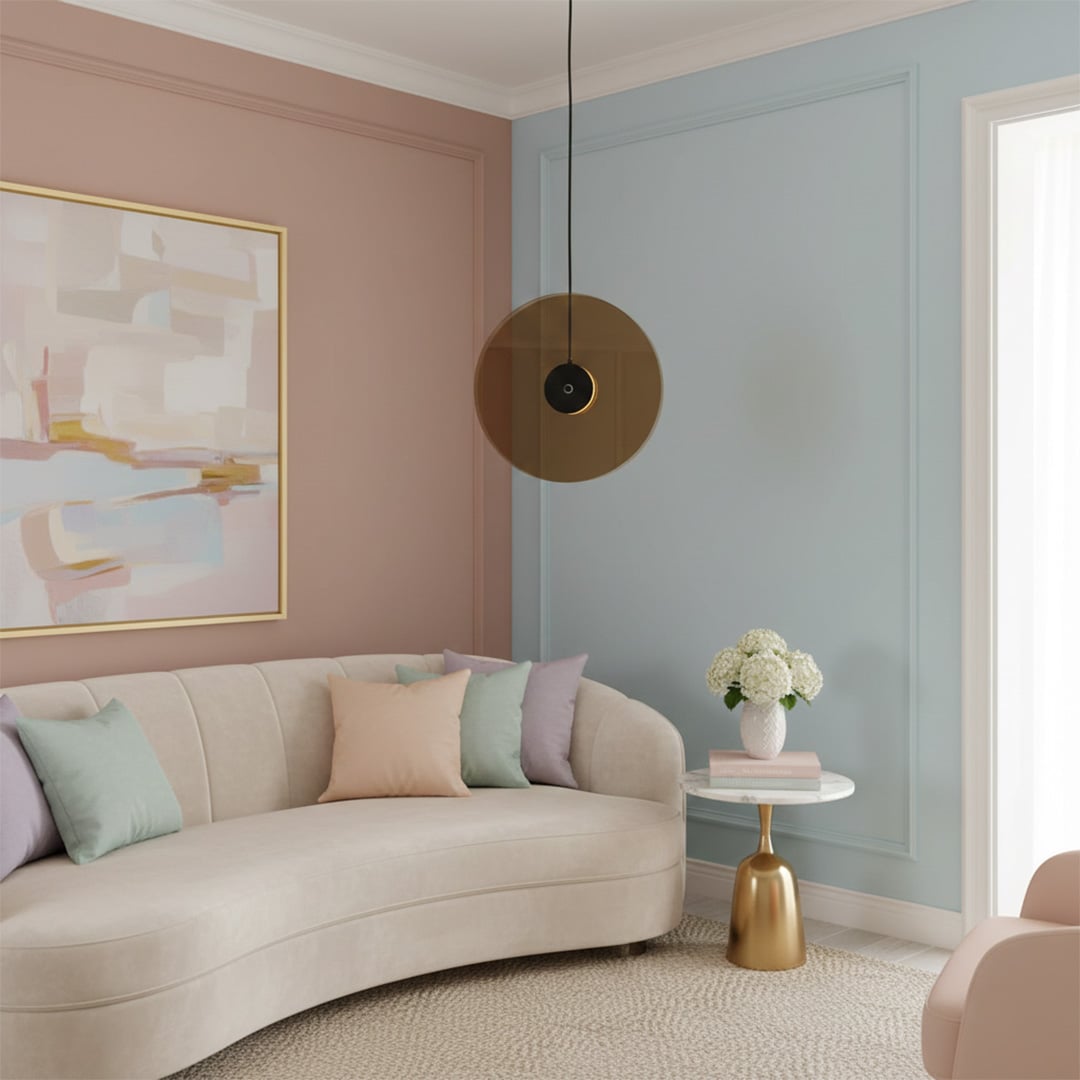 Clear glass and brass metal pendant light adding warm elegance to contemporary living room spaces.