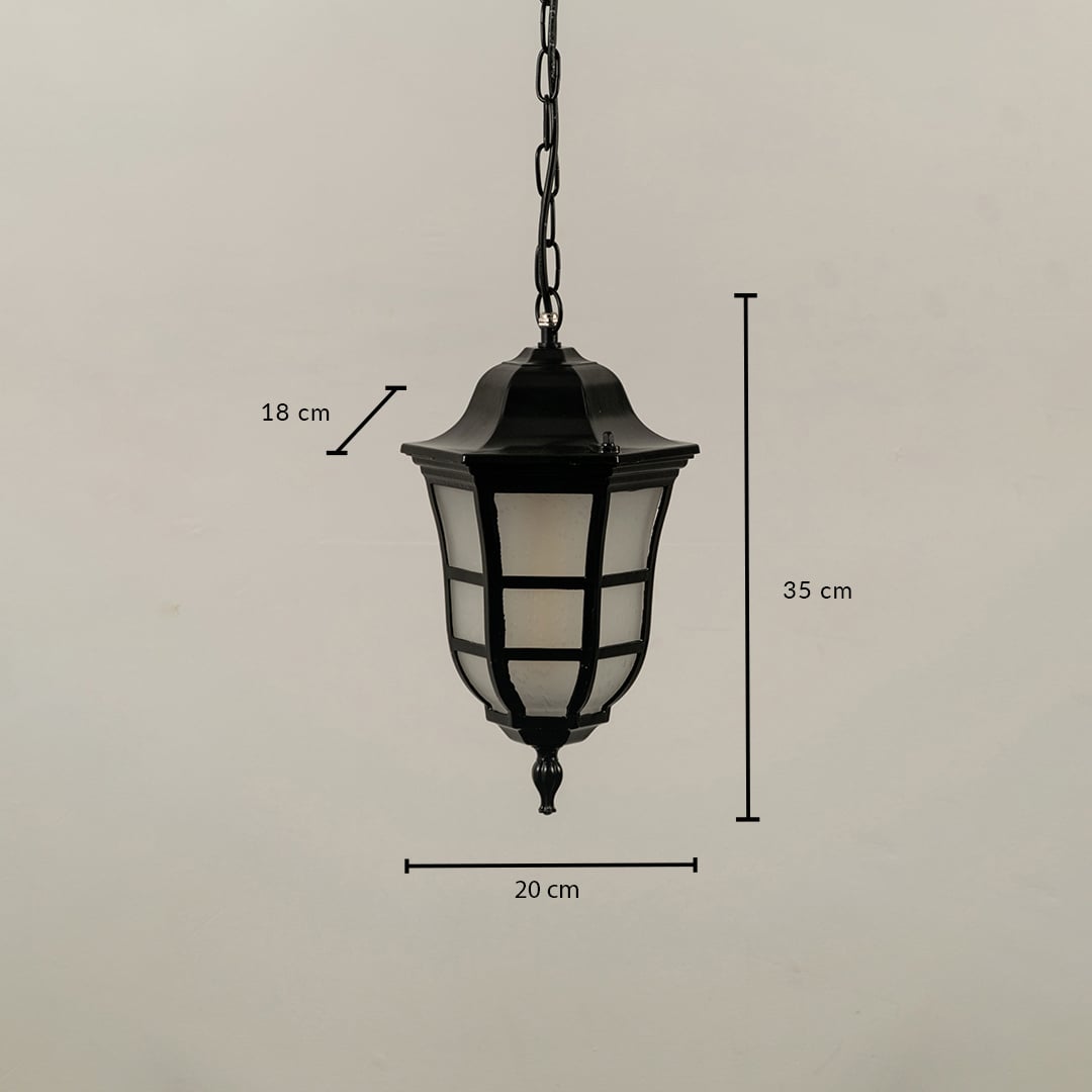 Technical drawing showing dimensions of the black pendant lantern light indicating height 35 cm width 20 cm and depth 18 cm.