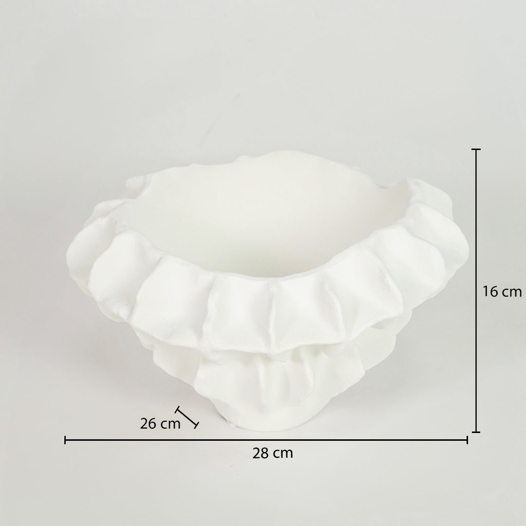 White textured ceramic planter bowl dimension image with 16 cm height and 26 cm width for elegant table decor.