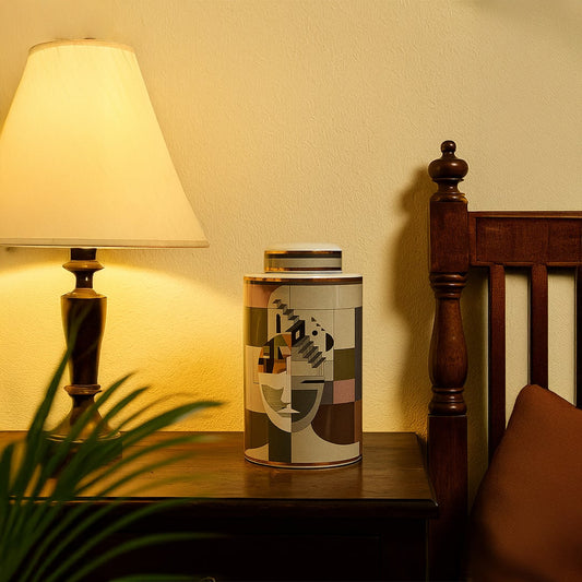 Abstract Face ceramic jar placed on a wooden bedside table next to a lamp adding a warm artistic accent to bedroom decor.
