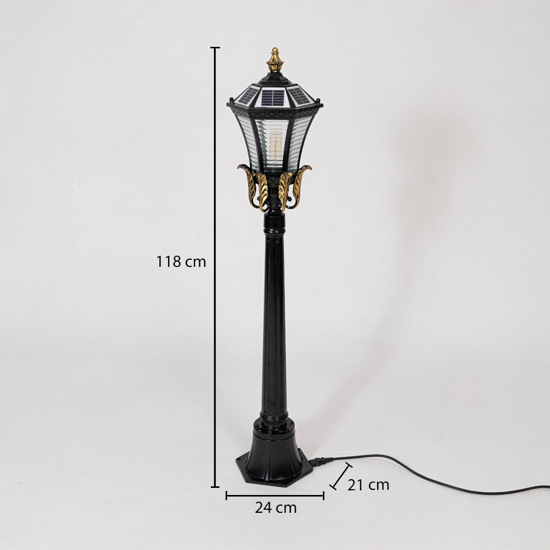 Black metal outdoor lantern light measuring 118 cm height and 24 cm width for garden lighting decor.