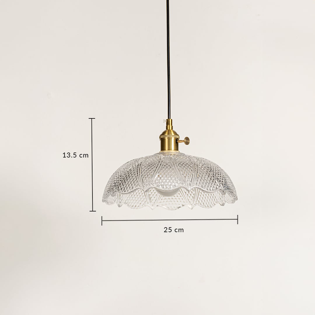 Dimension image of scalloped clear glass pendant light with brass accents showing 13.5 cm height and 25 cm width.