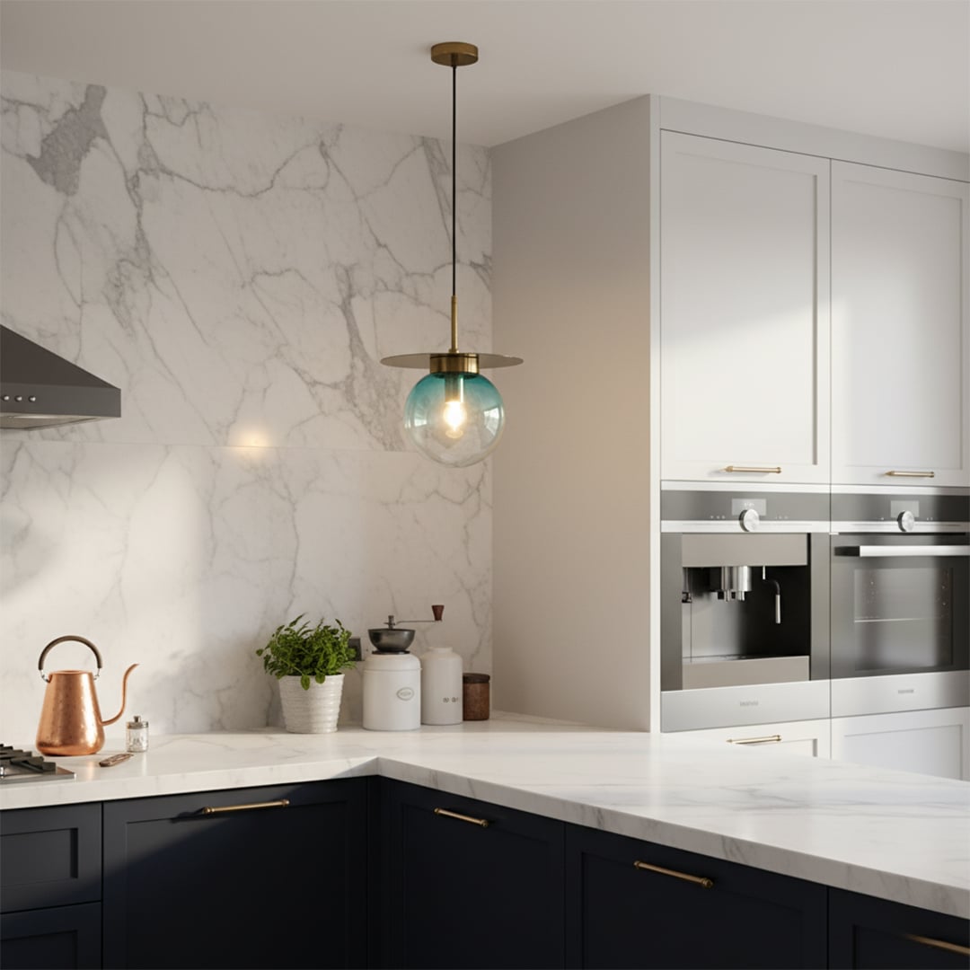 Blue glass globe pendant light above kitchen island adding modern luxury and warm ambient lighting to contemporary interiors.