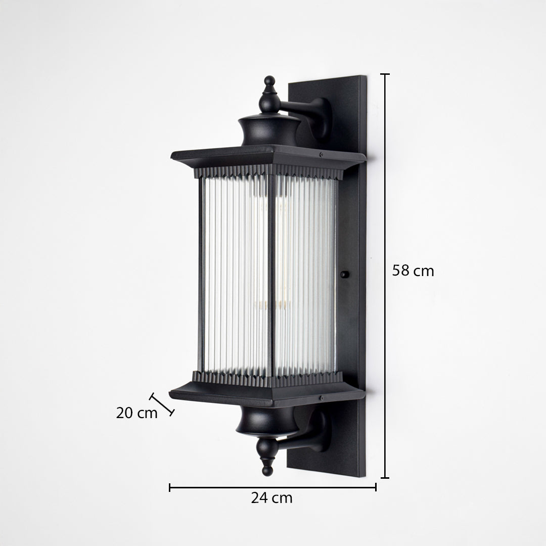 Black metal outdoor wall light dimension image with 58 cm height and reeded glass shade for modern entryway decor.