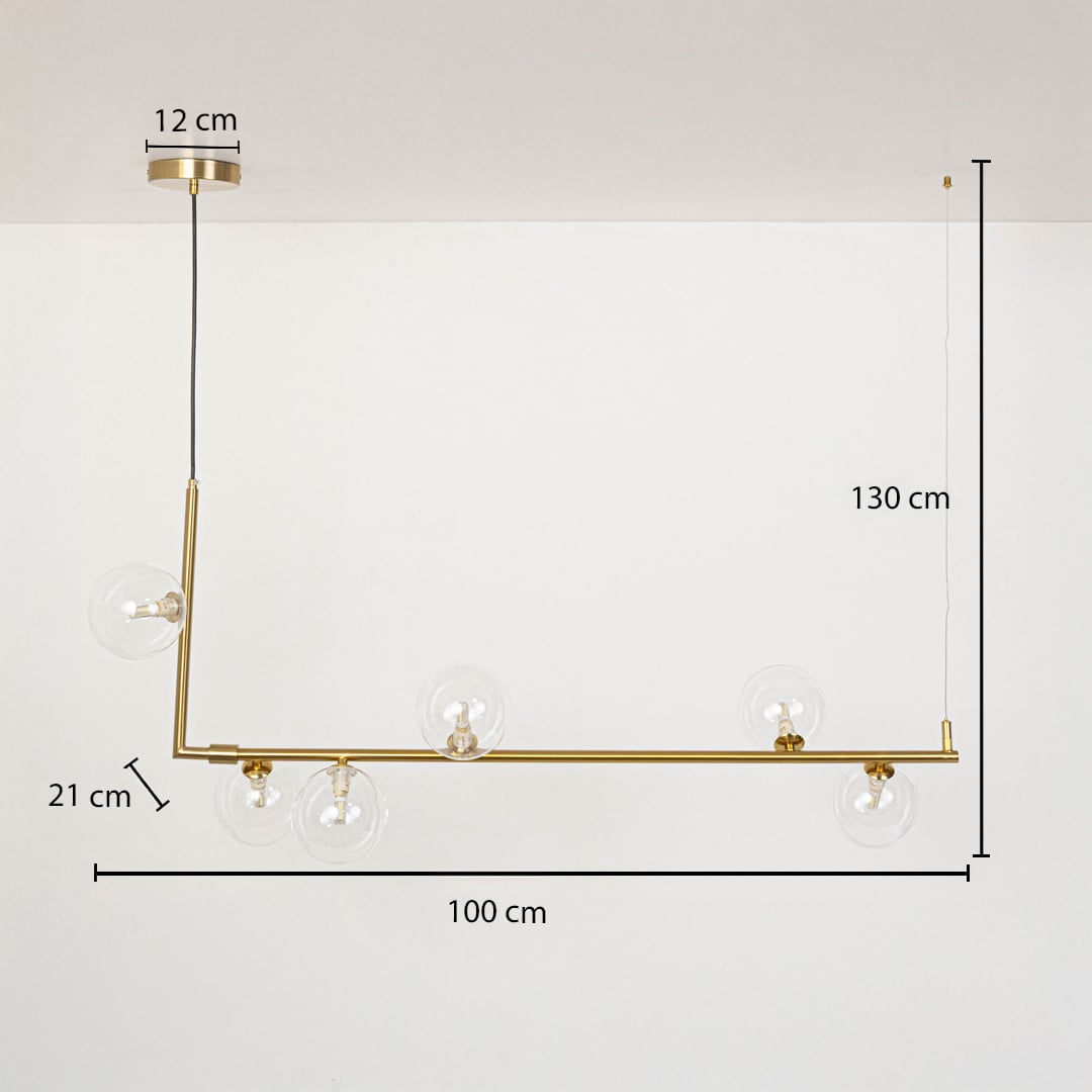 Gold linear chandelier with clear glass globes shown with 100 cm width and 130 cm height for accurate size reference.
