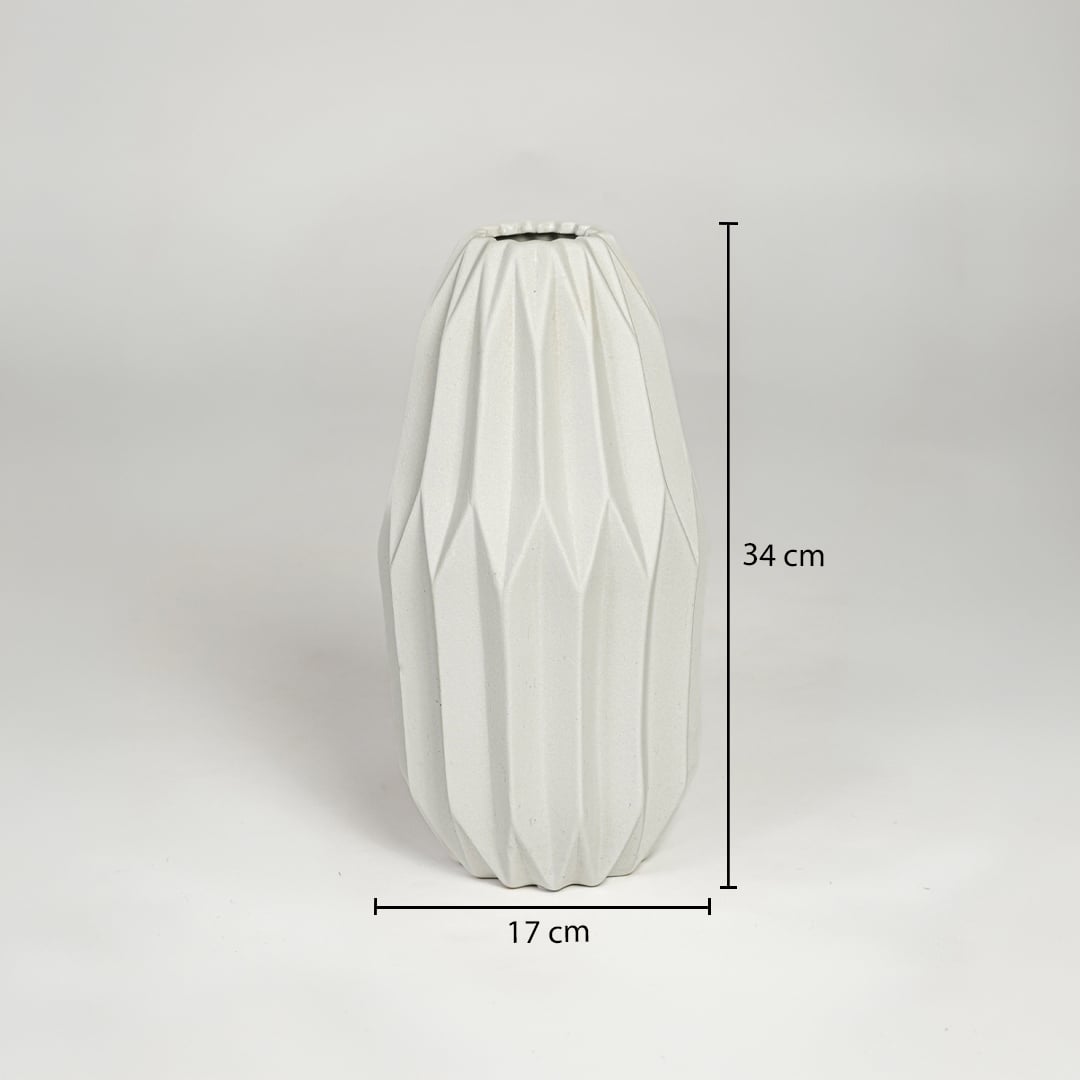 White ceramic flower vase measuring 34 cm height and 17 cm width perfect for tabletop or console decor placement.