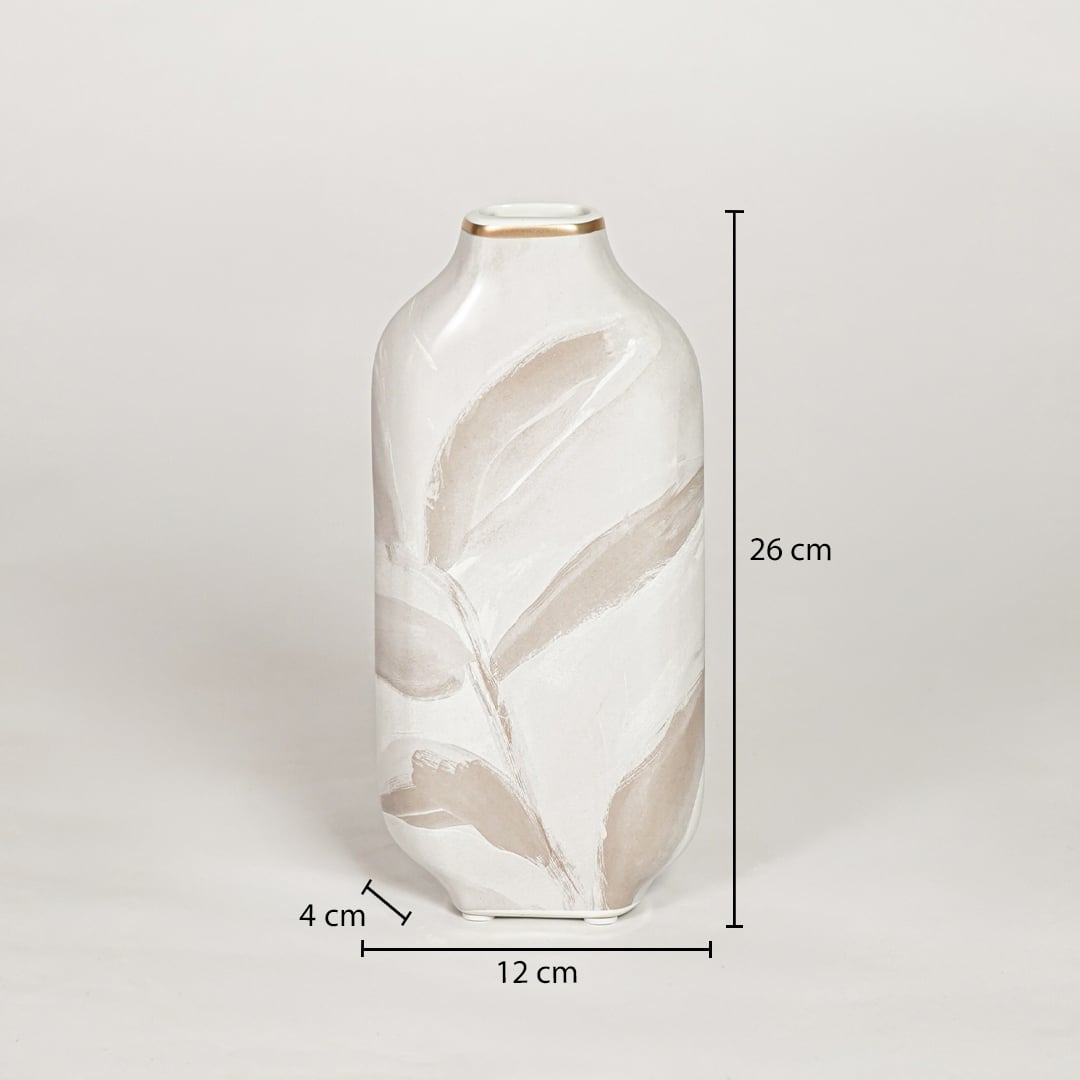 White ceramic decorative vase showing 12 cm width 4 cm depth and 26 cm height ideal for console table decor display.