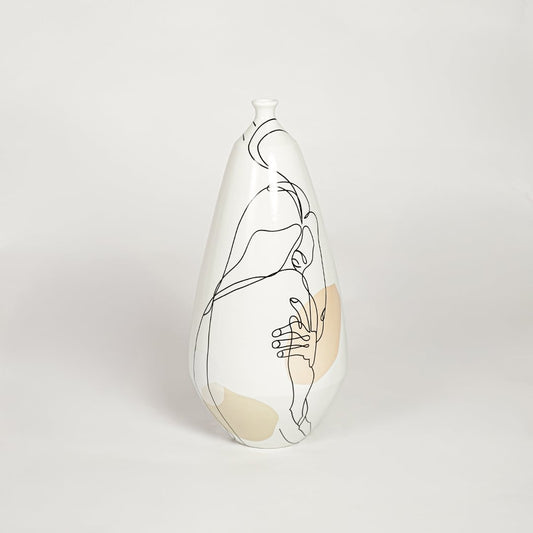 Bottleneck porcelain vase with artistic abstract linear design isolated on clean white background for stylish interior decor.