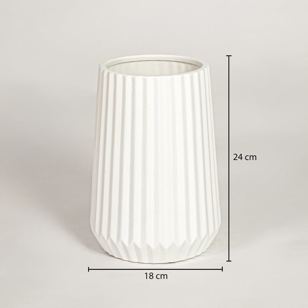 White shell ribbed ceramic vase measuring 24 cm height and 18 cm width ideal for contemporary home decor styling.