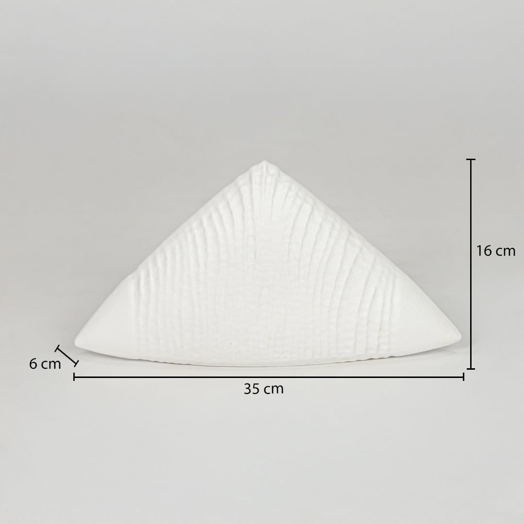 White ceramic decorative showpiece size 6 cm height 30 cm length modern textured decor object dimension reference image.