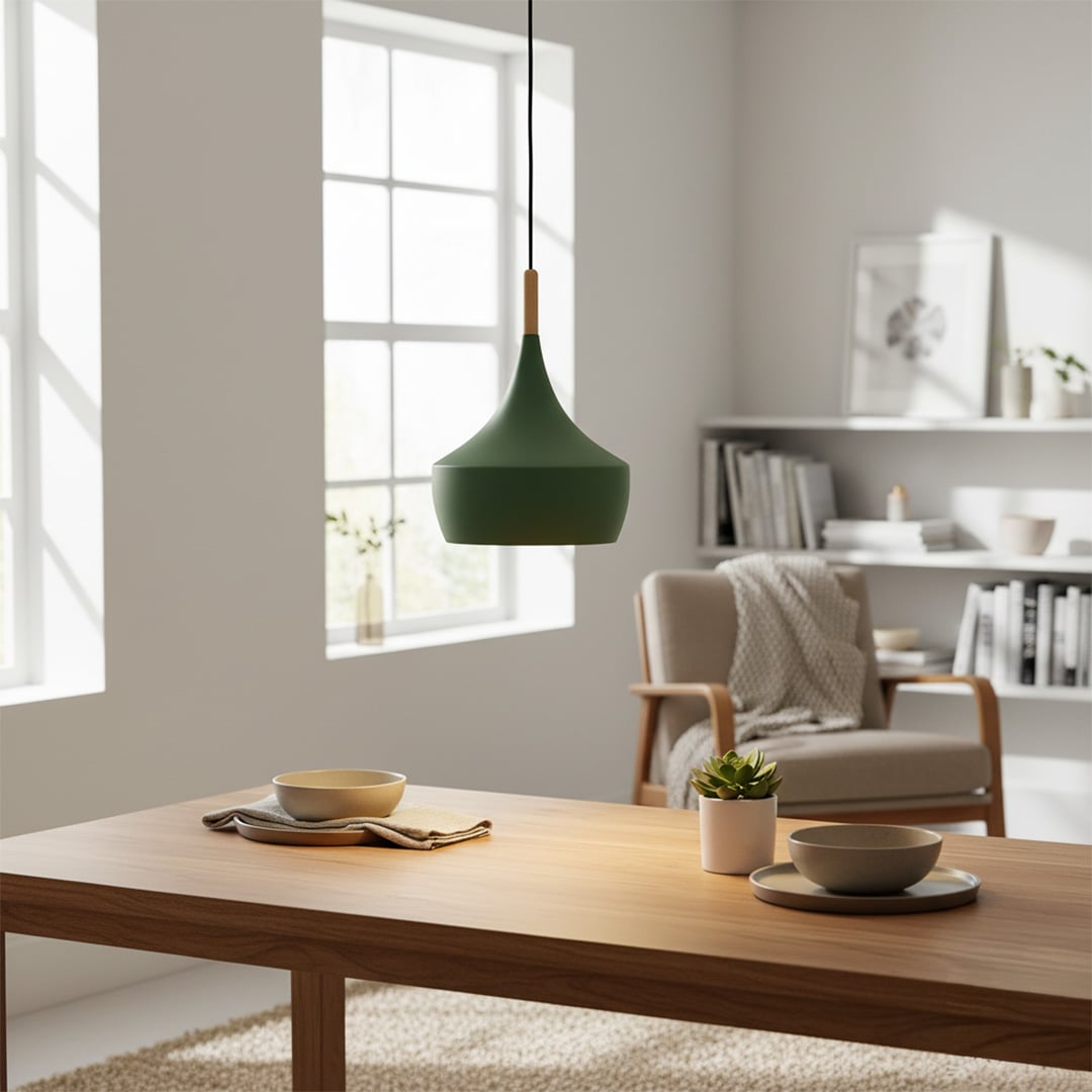 Green cone pendant light with wood accent enhancing bright dining spaces with modern elegance.