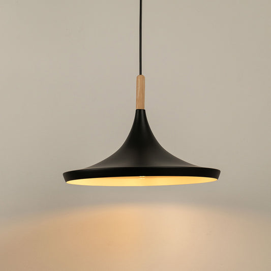 Black metal pendant light with wide curved shade and wooden top minimal hanging light for kitchen dining room modern lighting decor.