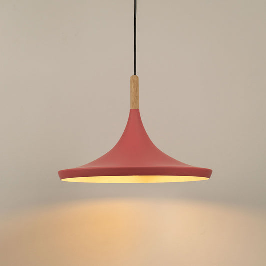 Pink metal pendant light with wide curved shade and wooden top stylish hanging lamp for bedroom dining and modern decor lighting.
