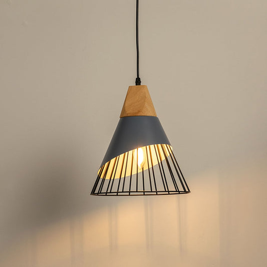 Closeup of black cage pendant light with natural wood top showcasing geometric modern craftsmanship.
