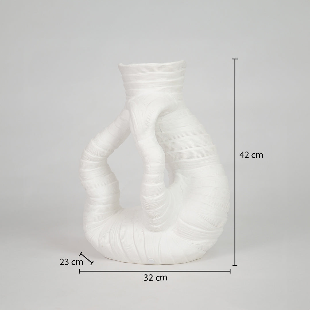 White textured ceramic double vase dimension image with 42 cm height and 32 cm width for modern table decor.