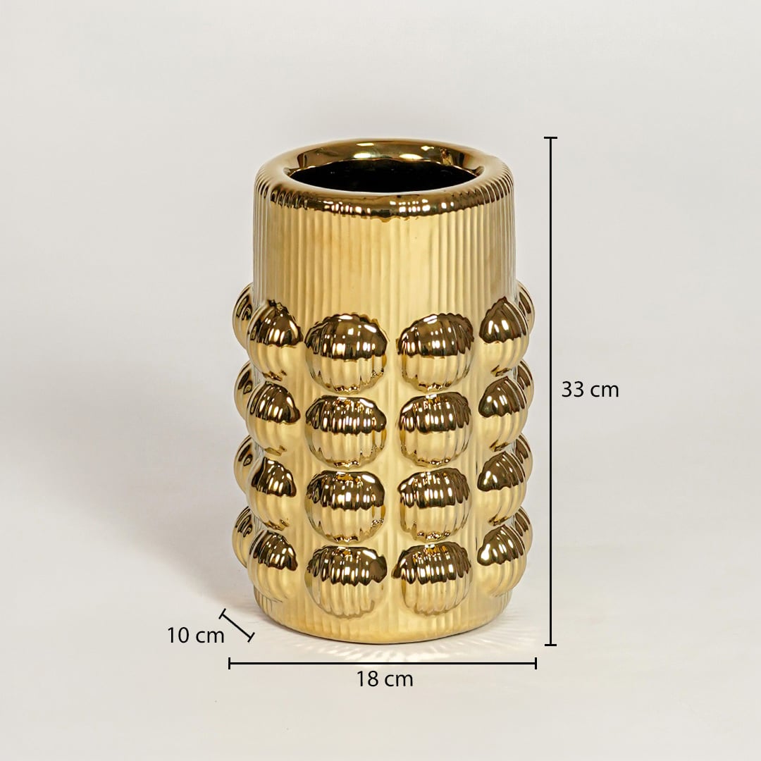 Zile bubble gold ceramic vase measuring 33 cm height 18 cm width and 10 cm depth ideal for statement decor display.