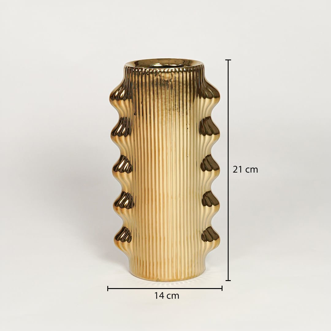 Zile ribbed gold ceramic vase measuring 21 cm height and 14 cm width perfect for elegant interior decor styling.