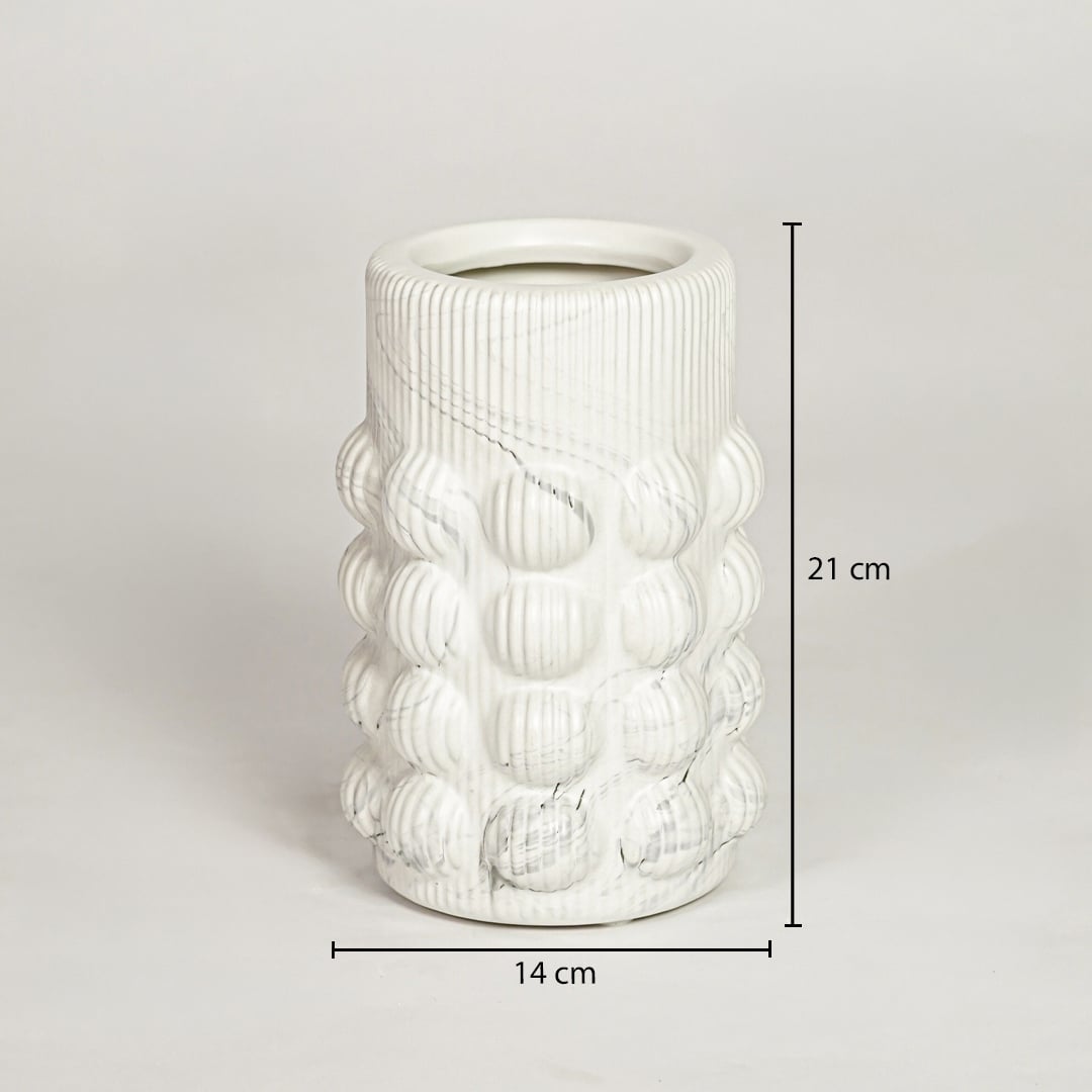 White ceramic bubble textured vase measuring 21 cm height and 14 cm width perfect for contemporary home decor placement.