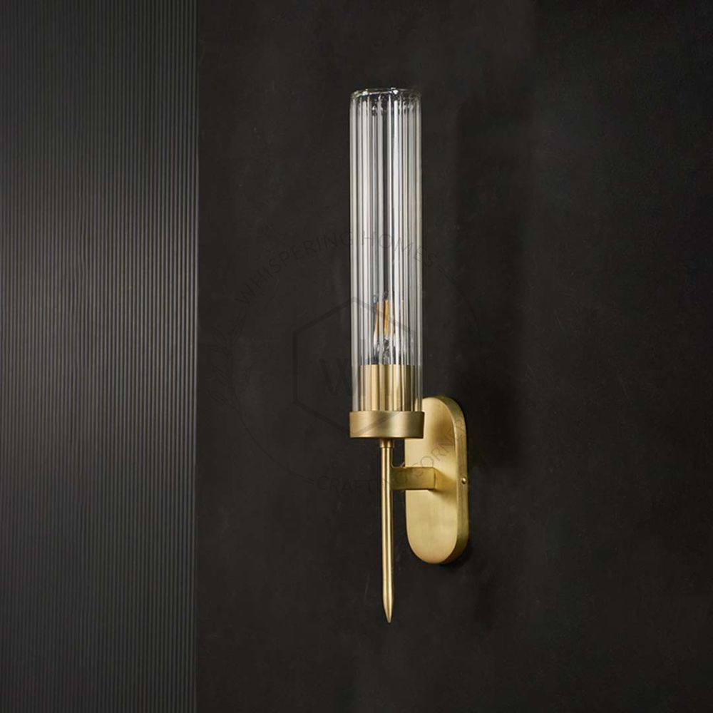 Golden Mini Torchiere Wall Sconce with Fluted Cylindrical Glass