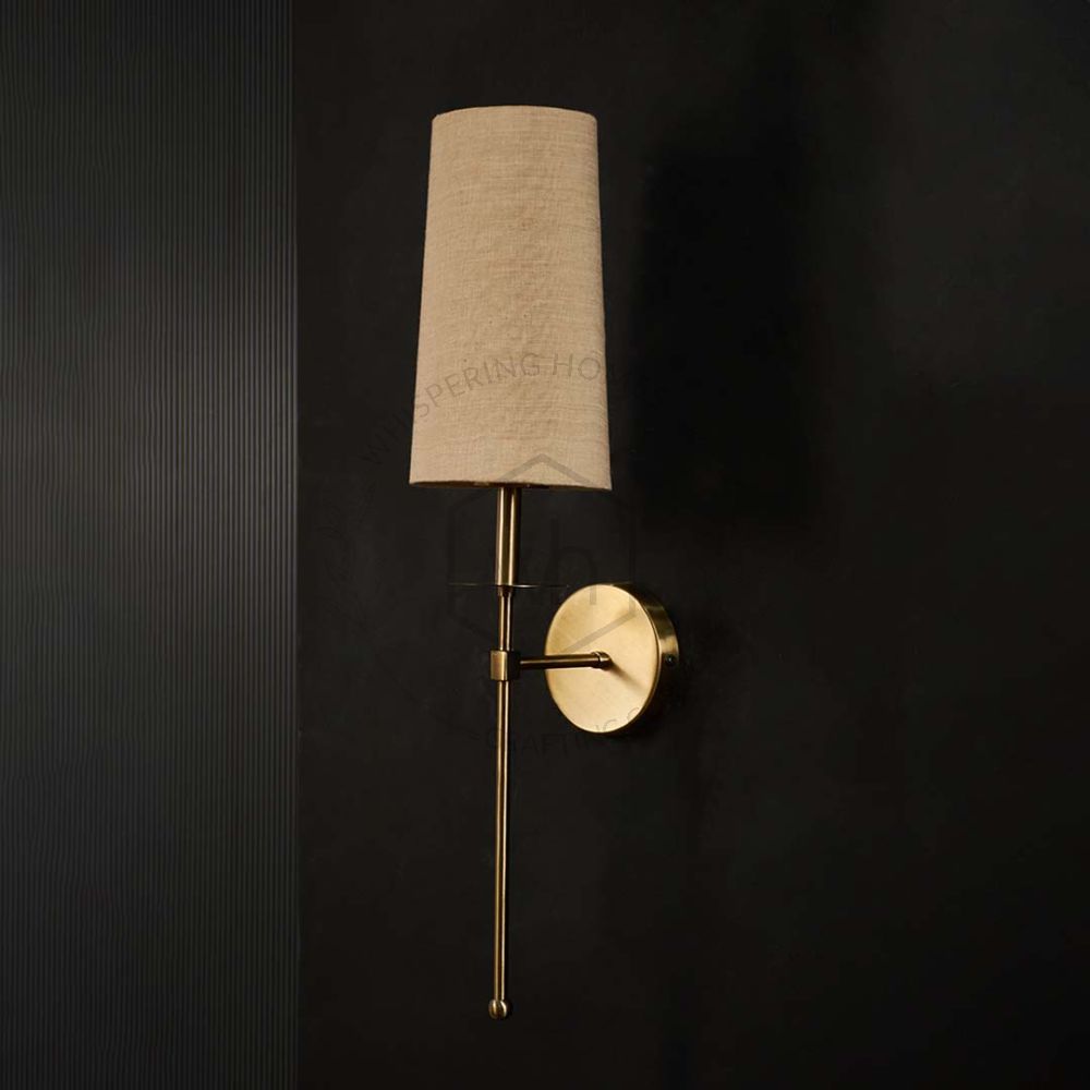 Savoy Long Arm Antique Gold Wall Sconce with Beige Fabric Shade